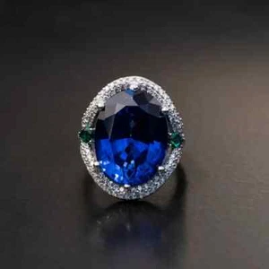 6.30 Ct Oval Cut Natural Sapphire & Diamond Anniversary Ring 14K Real White Gold - Picture 1 of 11