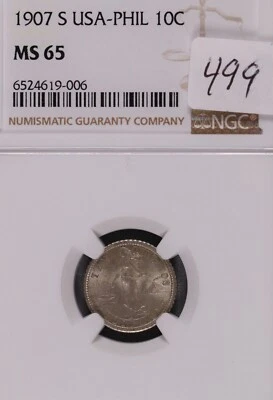 1907-S Philippines 10 Cent NGC MS-65 #9-006 - Image 1 of 2