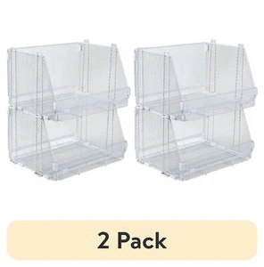 2-Pack Stacking & Folding Baskets, White, with Clip - Picture 1 of 4