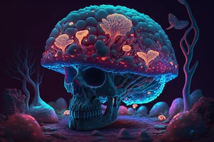 Mushroom Skull UV tapestry, Blacklight Reactive Psychedelic Tapestry, Trippy Art - Picture 1 of 4