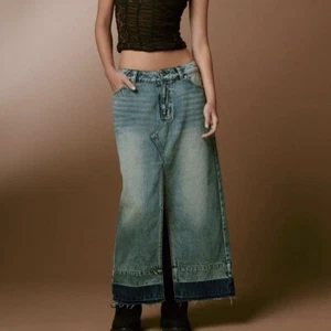 Falda IAMGIA Denim Cassy Maxi XS Azul tiro bajo abertura frontal dobladillo crudo bolsillos nueva con etiquetas - Imagen 1 de 14