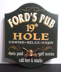 Ford's Pub 19th Hole Wood Golf Club Hand Painted Beer Bar Mancave Plaque 18"h - Picture 1 of 5