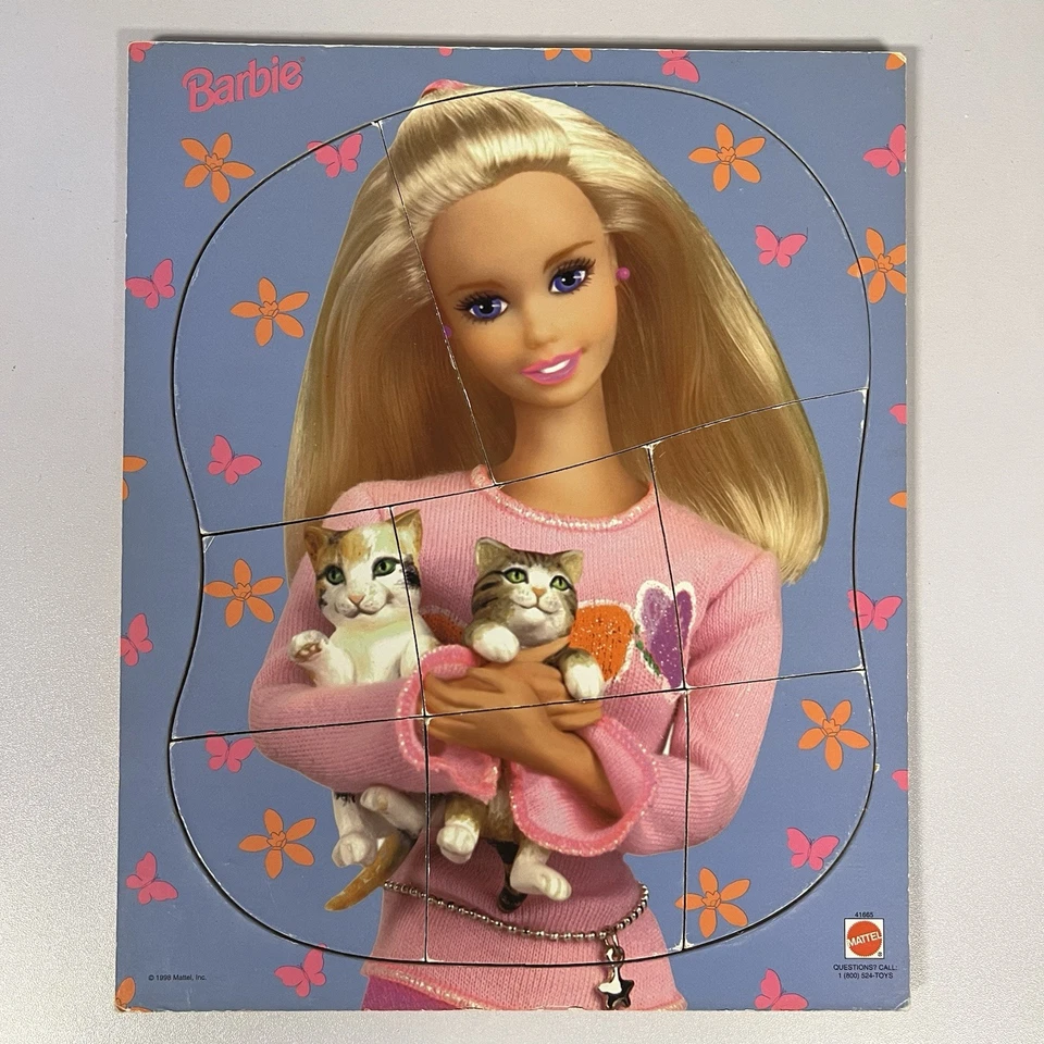 VINTAGE 1998 Barbie With 2 Cats Puzzle - Mattel Wood Tray Frame  8 Pieces - Image 1 of 1