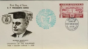 F-EX60606 PHILIPPINES IS 1958 FDC GOLDEN JUBILEE UNIVERSITY MURRAY BARTKLETT. - Picture 1 of 2