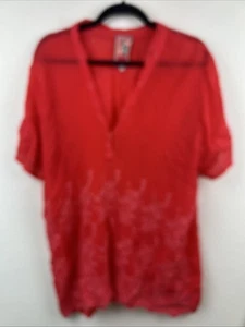 Johnny Was V Neck Tunic Blouse Coral Orange Eyelet Floral Boho Festival Sz Large - Picture 1 of 9