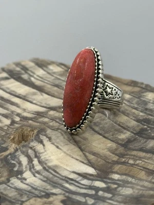 Anillo solitario de plata esterlina coral esponja roja estilo suroeste 28x9 mm Foto 1 de 4