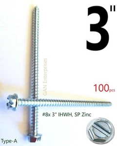 Hex Washer Head #8 x 3" Zinc type-A Self piercing Sheet Metal Screws, 100pcs - Picture 1 of 2