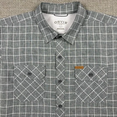 Orvis Men's Shirt L Short Sleeve Gray White Plaid Regular Fit Pockets Large New - Image 1 of 4