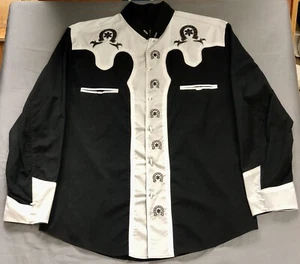 Men's Charro Shirt Camisa Charra El General Western Wear Black White Long Sleeve - Picture 1 of 6