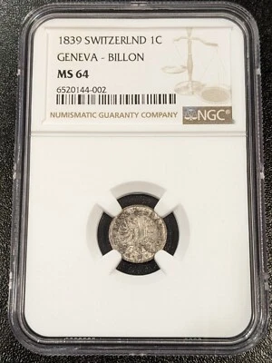 1839 MS64 Switzerland Swiss Canton GENEVA Billon Centime NGC KM 125 - Image 1 of 4