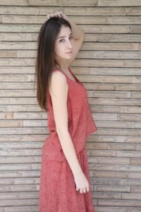 100% Crepé Seda Rojo Y Melocotón Conjunto de Falda 2 , Top Set MG1089 - Imagen 1 de 8