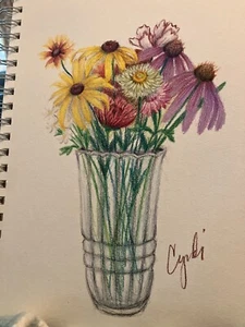 Buntstiftzeichnung Blumenstrauß Kegelblume, schwarzäugig Susan - Bild 1 von 3