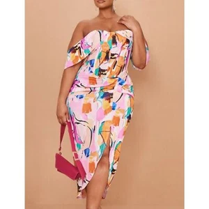 NWT PrettyLittleThing Plus Multi Bardot Ruched Side Midi Dress Sz 26 - Picture 1 of 10