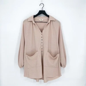 Entro Women's L Waffle Knit Oversized Slouchy Henley Top Cream - Picture 1 of 7