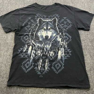 Indian Dream Catcher Wolf Unisex Size Large Black Front Print Aztec Pattern - Immagine 1 di 4