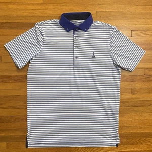 Greyson Polo Shirt Mens Medium Blue White Stripe Golf Stretch Button Down Collar - Picture 1 of 10