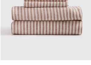 NWOT QUINCE EUROPEAN LINEN 3 PIECE TWIN SHEET SET TERRACOTTA STRIPE SHEETS FLAX - Picture 1 of 9