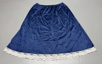 Vintage Vanity Fair Silky Navy Nylon Half Slip White Lace Hem Made in USA Med L - Image 1 of 4