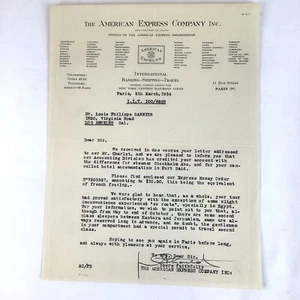 Vintage Business Letter 1934 American Express Company- Paris Amex Letterhead - Picture 1 of 3