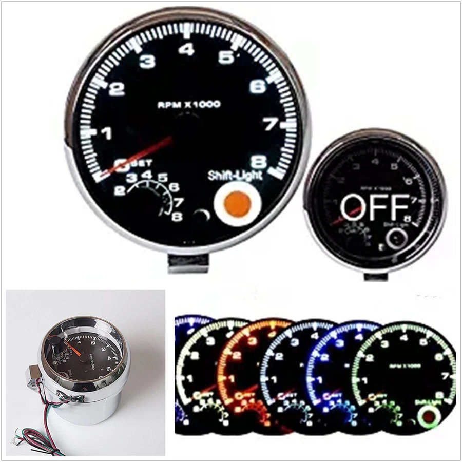 3.75" 95mm Car Truck 7 LED Color Digital Tachometer Adjustable 0-8000 RPM DC12V - Image 1 of 4