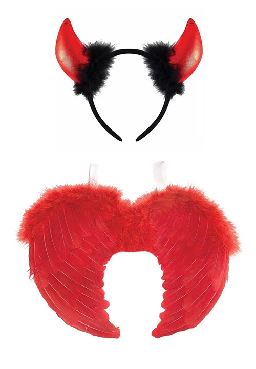 Conjunto de Diablo Rojo Alas de Pluma y Cuernos Fluosos Elegante Vestido Travieso Disfraz de Halloween Foto 1 de 1