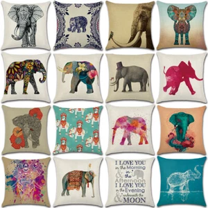 18" Elephant Print Cotton Linen Cushion Cover Pillow Case Sofa Home Decor - Picture 1 of 17