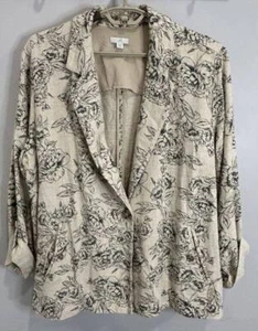 J Jill Linen Unstructured Blazer Jacket Tan Green Floral Print Roll Tab XL - Picture 1 of 9