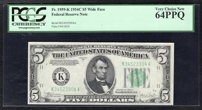 FR. 1959-K 1934-C $5 WIDE FRN FEDERAL RESERVE NOTE DALLAS, TX PCGS UNC-64PPQ - Image 1 of 2