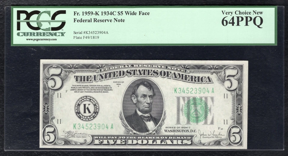 FR. 1959-K 1934-C $5 WIDE FRN FEDERAL RESERVE NOTE DALLAS, TX PCGS UNC-64PPQ - Image 1 of 2