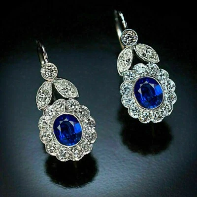 3.00Ct Oval Cut Lab Created Sapphire Drop/Dangle Earrings 14K White Gold Plated - Image 1 of 4