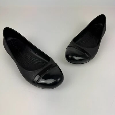 Crocs Womens Size 6 Black Patent Cap Toe Slip On Ballet Flats Comfort *Read - Image 1 of 4