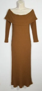 Old Navy Women Medium Brown Off The Shoulder Rib-Knit Maxi Dress Long Sleeves - Picture 1 of 9