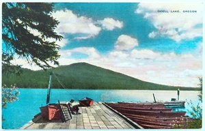 Odell Lake Oregon Postcard Vintage Linen Man Boat Dock Landscape Summer Travel - Picture 1 of 2