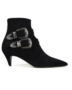 Saint Laurent Charlotte Ankle Suede Buckle Booties In Black Sz38 - Picture 1 of 4