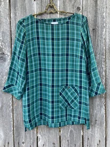 J.Jill Sz S Green Plaid Rayon Crewneck Casual Shirt Blouse Top Lagenlook ⭐️9768 - Picture 1 of 8