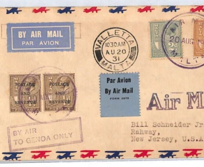 MALTA USA Airmail 1931 Cover KGV Farthings *BY AIR TO GENOA ONLY* NJ Rahway XC31 - Image 1 of 4