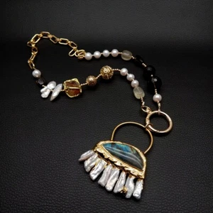 White Pearl Citrine Smoky Quartz Necklace Real Labradorite Biwa Pearl Pendant - Picture 1 of 5