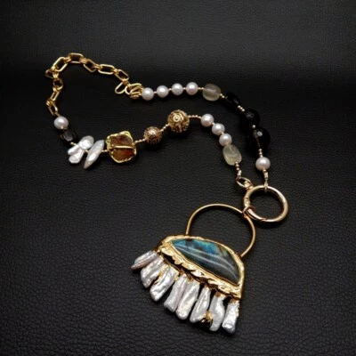 Collar de cuarzo ahumado citrino de perlas blancas colgante de perlas Biwa de labradorita real Foto 1 de 4