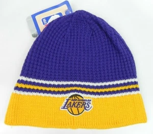LOS ANGELES LAKERS VINTAGE KNIT RETRO STRIPE UNCUFFED 2-TONE BEANIE CAP HAT NEW! - Picture 1 of 4