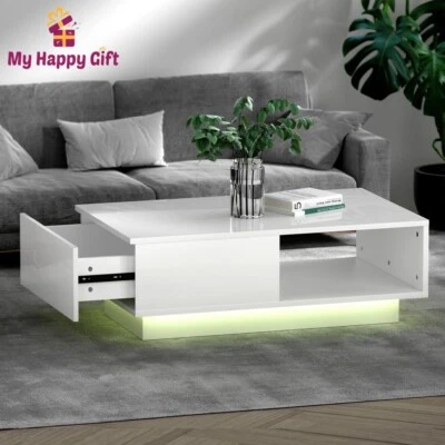 Artiss Coffee Table LED Lights High Gloss Storage Drawer Modern Furniture White - image 1 of 4