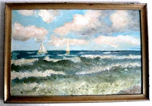 Alt Orig Ölgemälde Ostsee Segelboot Signiert F.B. darß bodden schiff boot strand - Bild 1 von 2