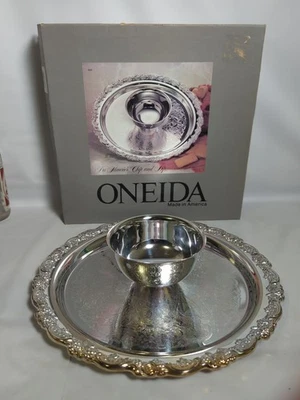 "Plato y cuenco enchapado en plata Oneida Server de colección años 80 bandeja de relé desplazamiento 12,5""D" Foto 1 de 4