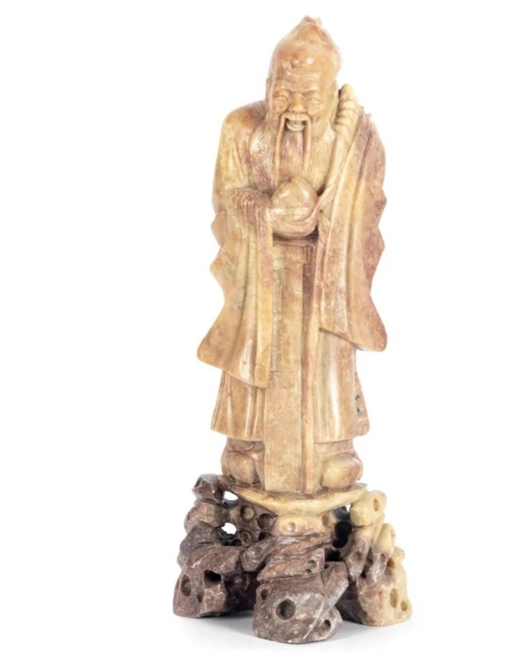"Estatua de piedra de jabón china talla Shou Lao dios de la longevidad estatuilla 9 1/2""" Foto 1 de 4