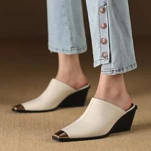 Ciabatta donna Occident Runway British punta quadrata mules tacco alto zeppa pelle - Foto 1 di 27