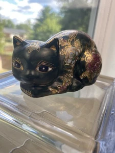 Vintage Fitz & Floyd Chinese Porcelain Cat Mini Satsuma Style Green Floral - Picture 1 of 11