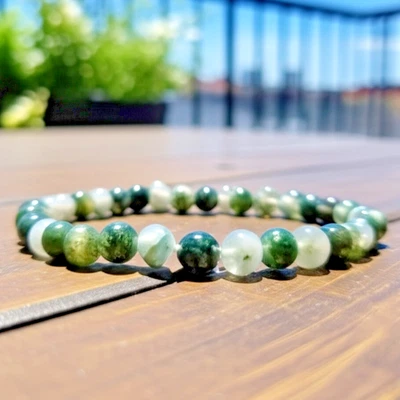 2Pcs Natural Moss Agate Stretch Bracelet 4mm Balance Anxiety Relief Stone Beads - Image 1 of 4
