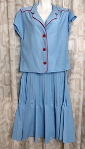 Vtg Blue Red Two-Piece Set Blouse Skirt Pleated Women's Size 44 Polyester - Picture 1 of 15
