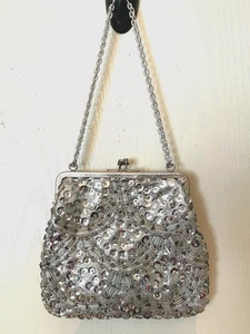 Vintage Ladies Silver Sequined Evening Bag with Carry Strap - Picture 1 of 5