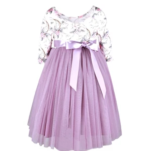 Girls Dress Tulle Skirt Floral Bodice Ribbon Tie Midi Wedding Party Lavender 10 - Picture 1 of 12