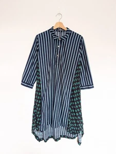 Abito camicia Alembika blu navy nero a righe a pois TAGLIA 4/UK 16 Lagenlook - Foto 1 di 7